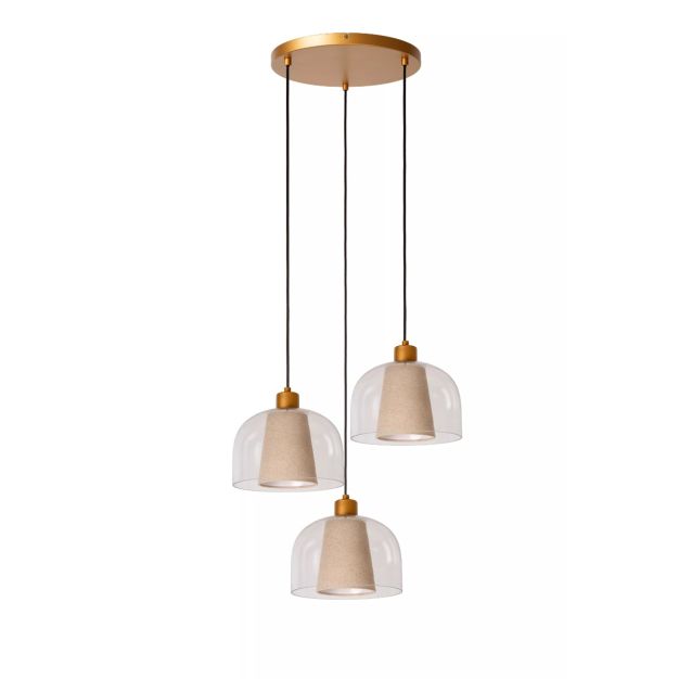 Lucide Gunhild 3L - lampe suspendue - Ø 46,5 x 186,6 cm - beige/or/transparent