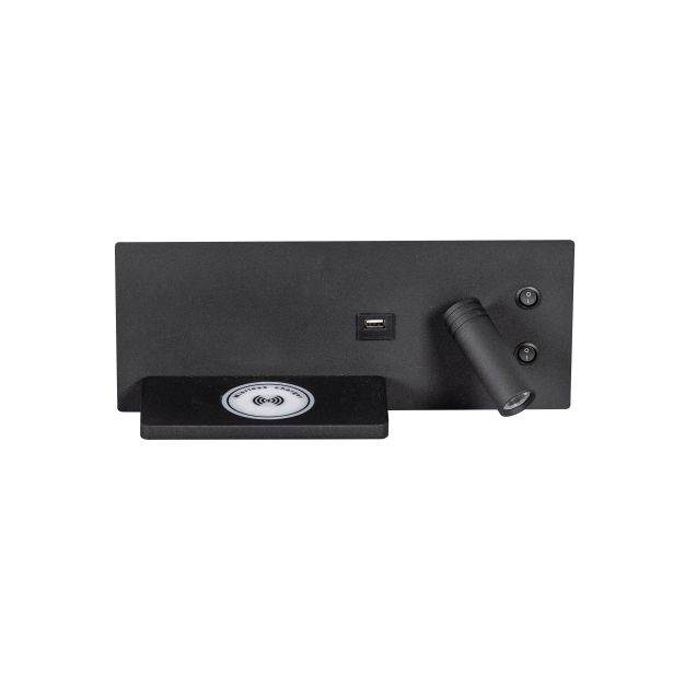 ETH Nighty Right - applique murale avec double interrupteur et chargeur USB et sans fil - 30 x 12 cm - 7W LED incl - noir