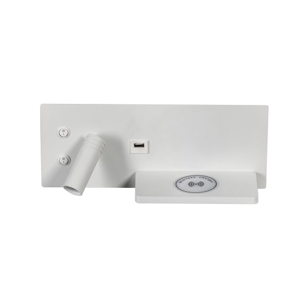 ETH Nighty Left - applique murale avec double interrupteur et chargeur USB et sans fil - 30 x 12 cm - 7W LED incl. - blanc