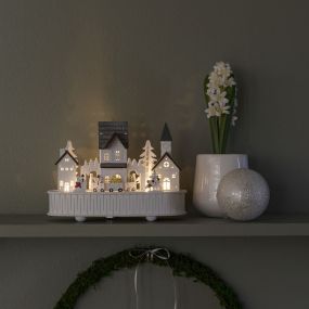 Konstsmide Lumières de Noël - maison et église en bois alimentées par piles - avec musique - 22 x 12 x 15,5 cm - blanc