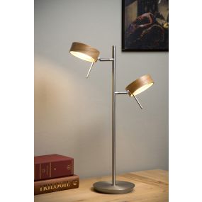 Lucide Enia Led - lampe à poser - Ø 35 x 54 cm - 2 x 5W LED dimmable incl - chrome mat et bois clair